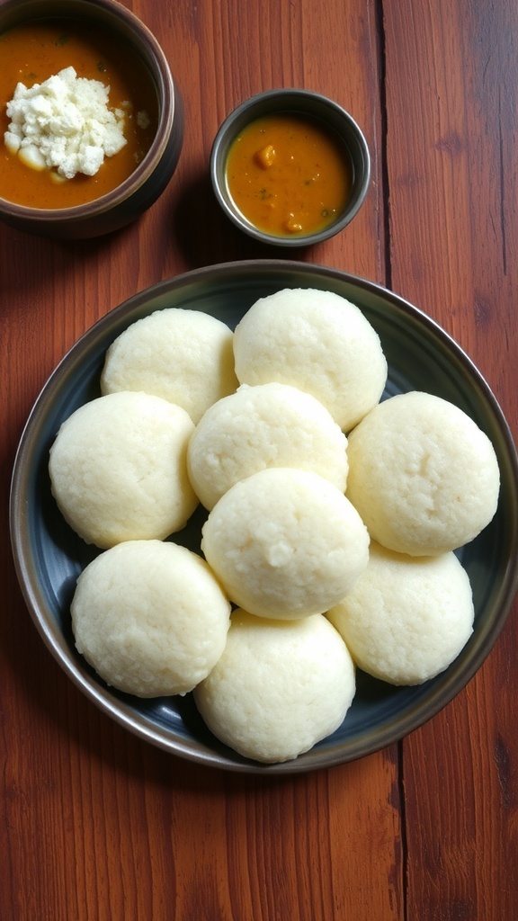 Fluffy quinoa idlis served with coconut chutney and sambar on a rustic wooden table.